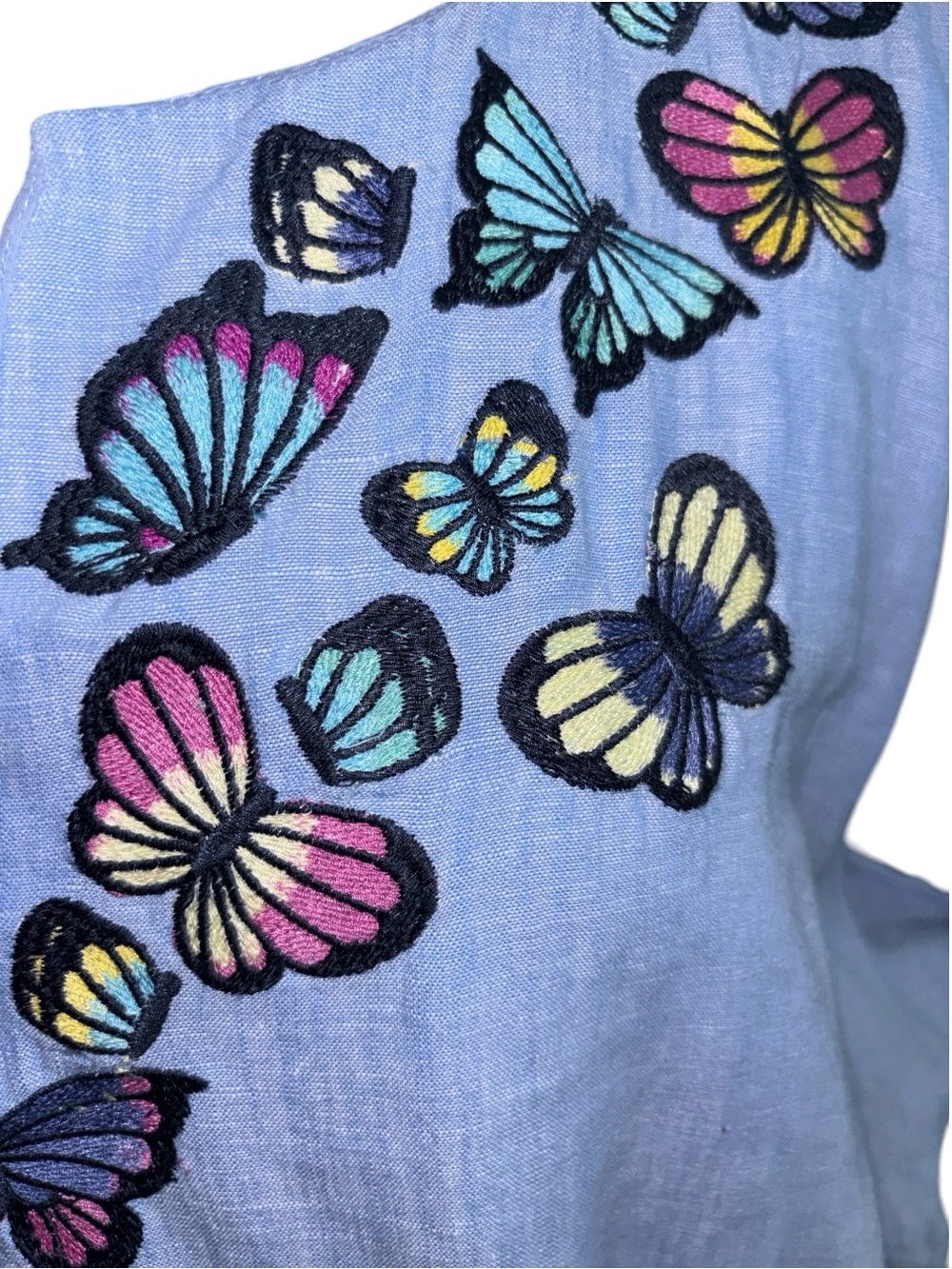 Talbots Embroidered Butterfly Chambray Midi Shift Dress, P2P:25”, L:40. - Picture 4 of 8